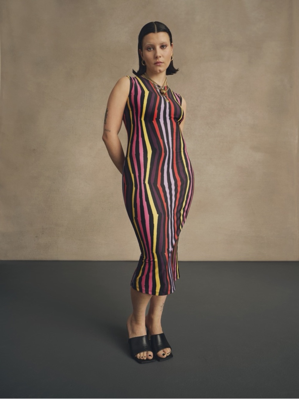 JONATHAN COHEN Sleeveless Rainbow Stripe Flattering Dress Size Large VGUC - Picture 1 of 7